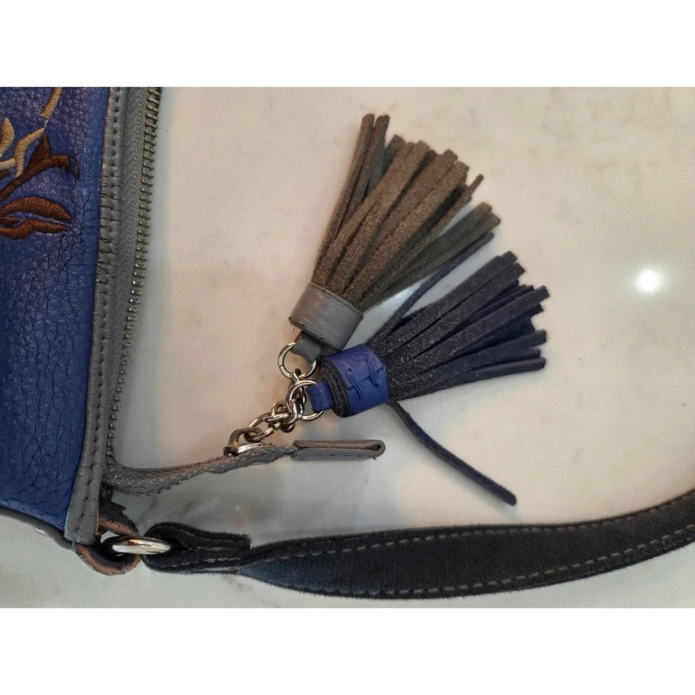 Sharif Crossbody Bag Medium Blue Embroidered Parrot Floral Tassel Leather